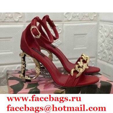 Dolce & Gabbana Heel 10.5cm Leather Chain Sandals Red with Baroque D & G Heel 2021 - Click Image to Close